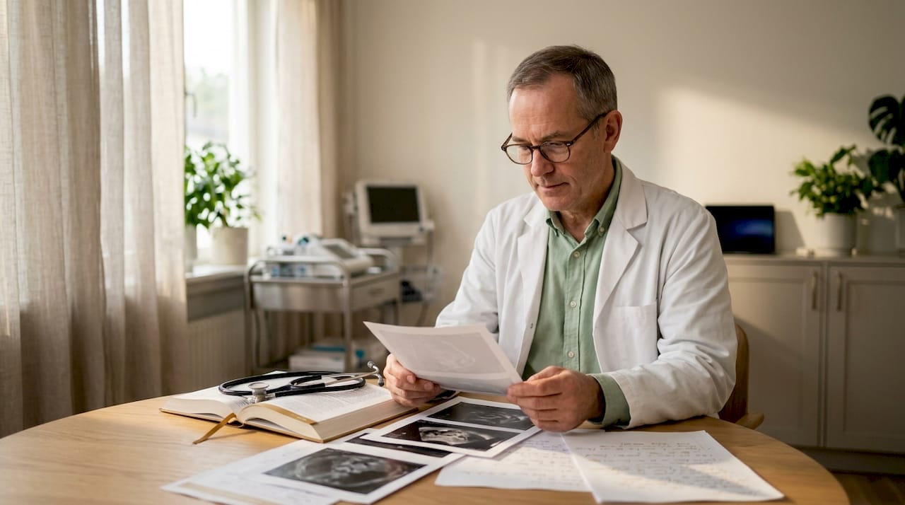 Doctor reviewing telehealth medical images in office