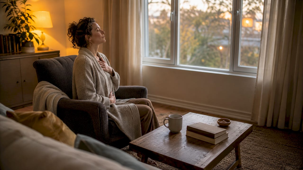 Woman doing breathwork near coffee maker in kitchen