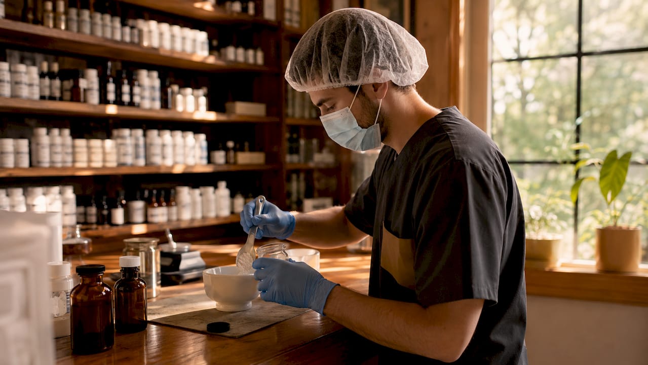 Pharmacy technician preparing compounded medication