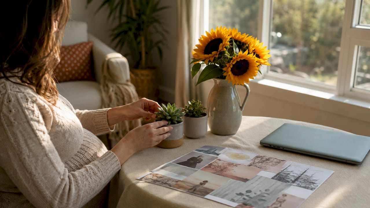 Hands organizing maternal mental health documents
