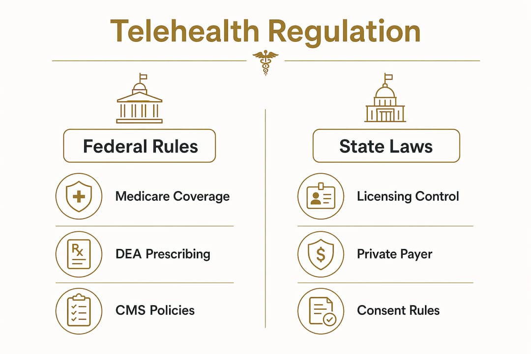 Infographic comparing federal and state telehealth regulations