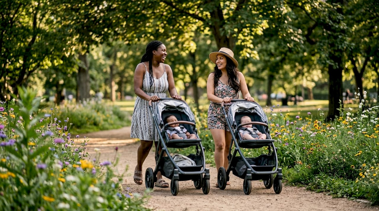 Two moms walking with strollers and talking