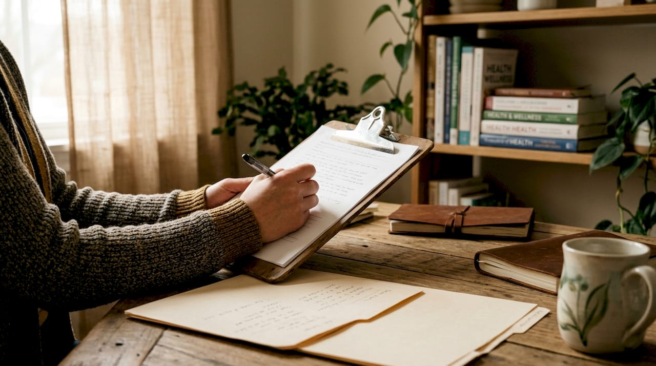 Hands writing clinical notes at cluttered desk