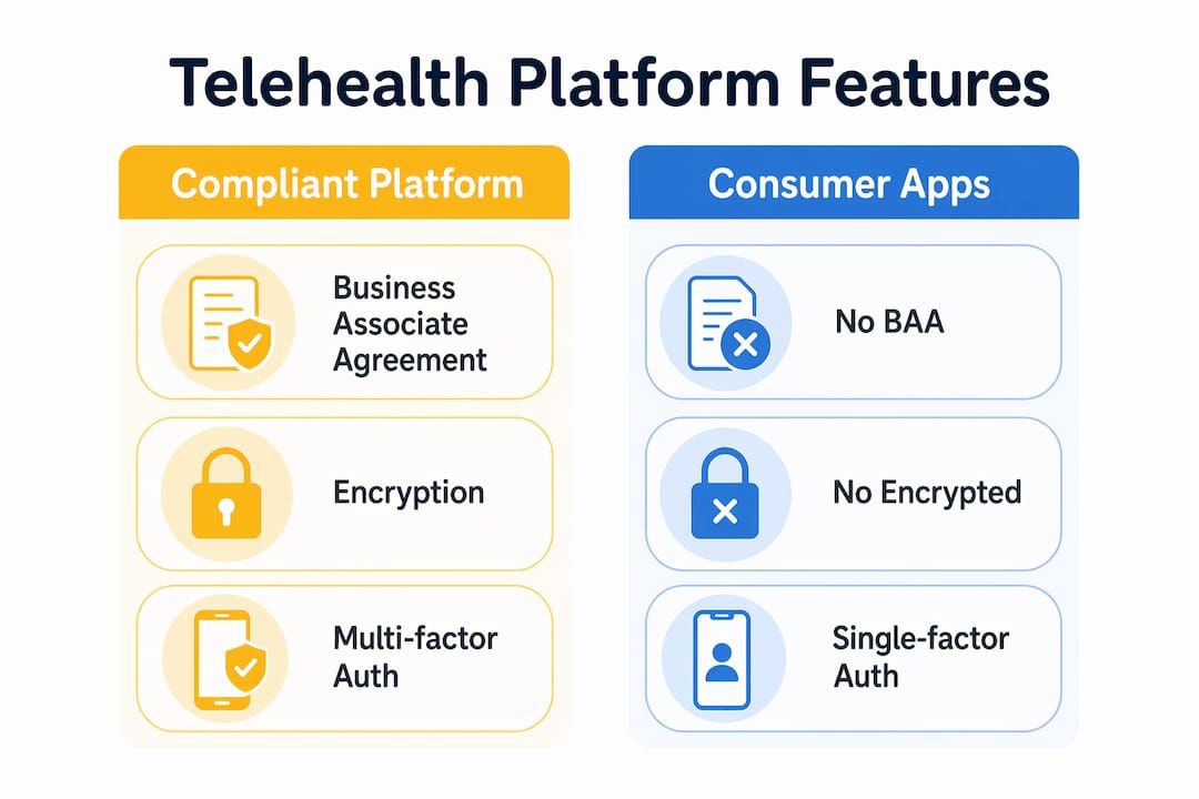 Infographic comparing compliant telehealth platforms versus consumer apps
