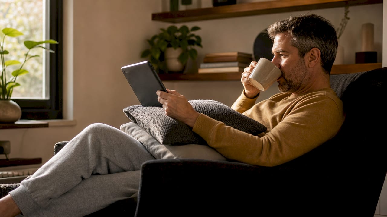 Man using tablet for telehealth at home