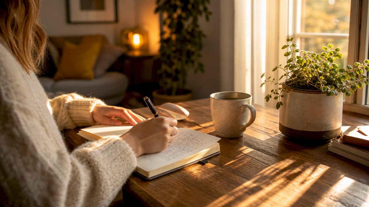 Hands journaling self-esteem reflections at table