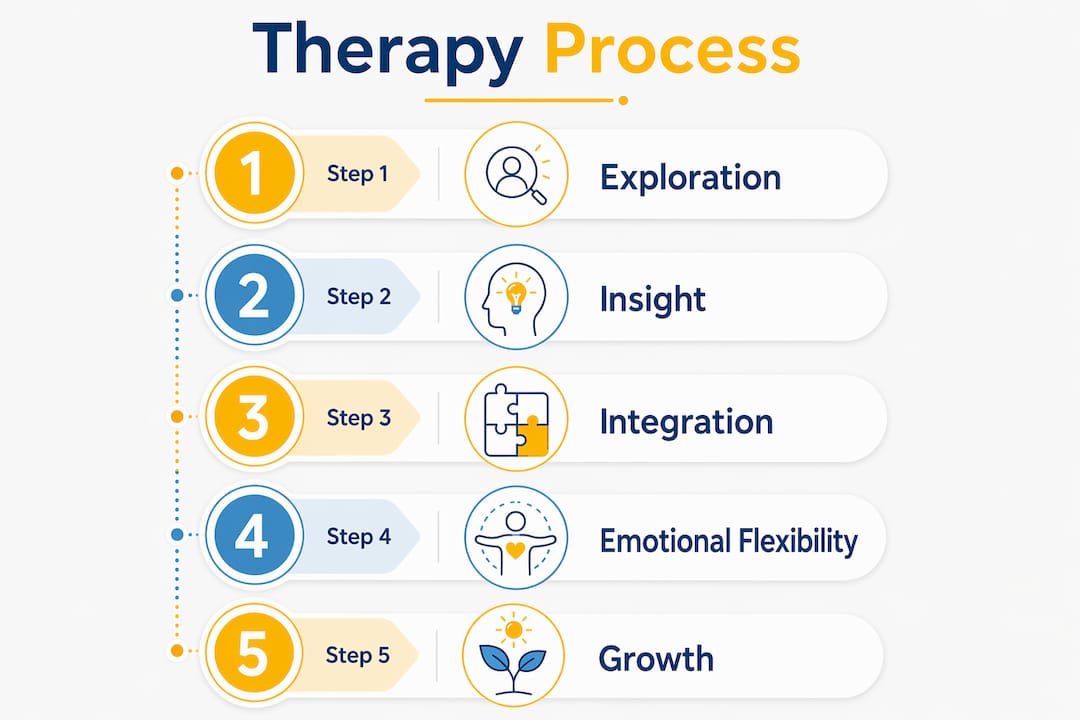 Infographic illustrating psychodynamic therapy process steps