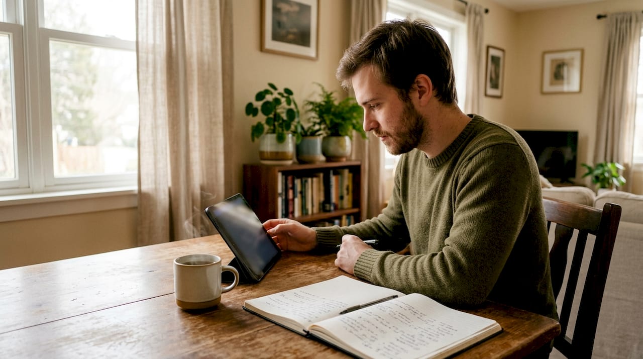 Patient completing intake form on tablet at home
