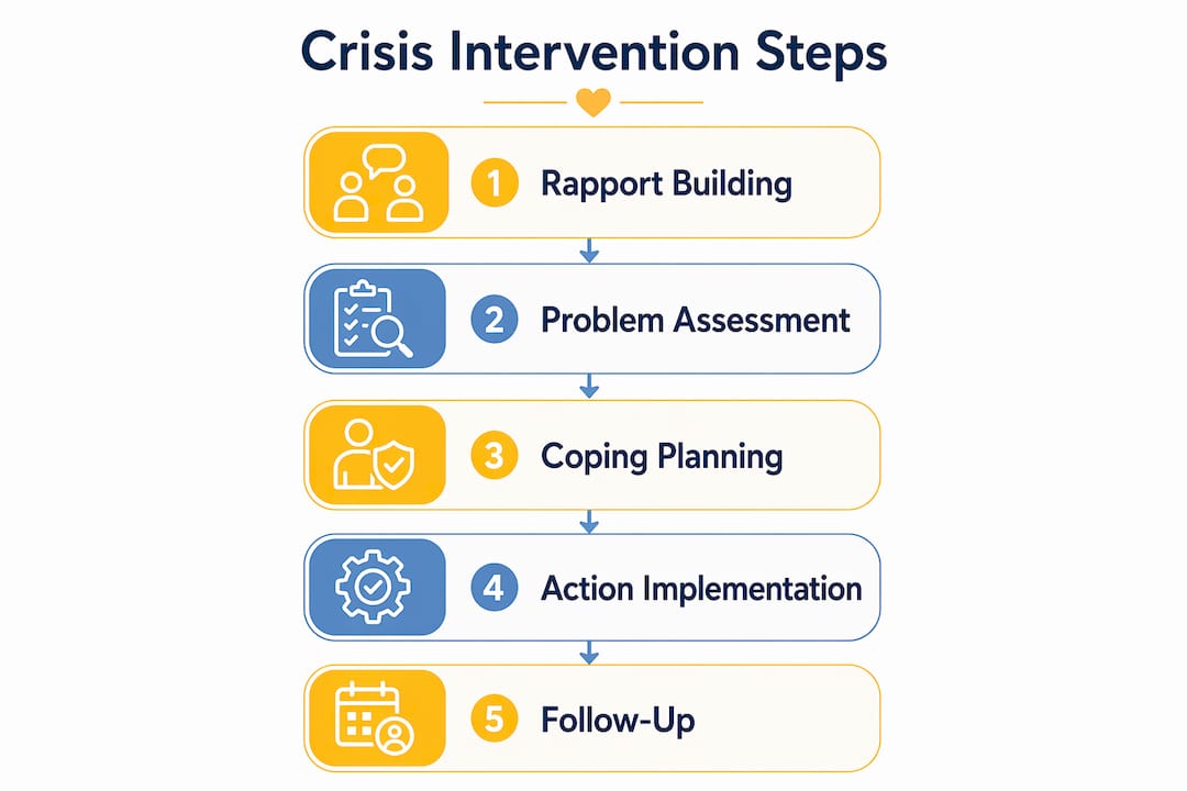 Infographic illustrating five stages of crisis intervention counseling