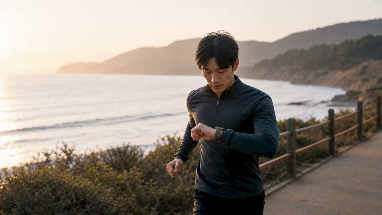 Runner checking biometric data on smartwatch