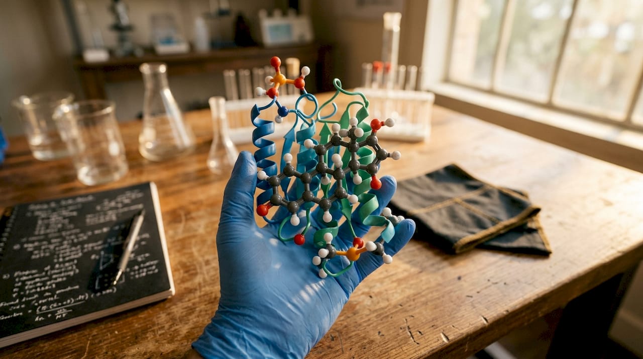 Close-up of testosterone molecule model and gloved hand