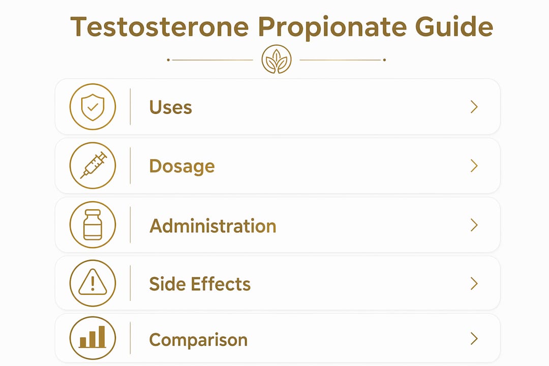 Infographic summarizing testosterone propionate key points