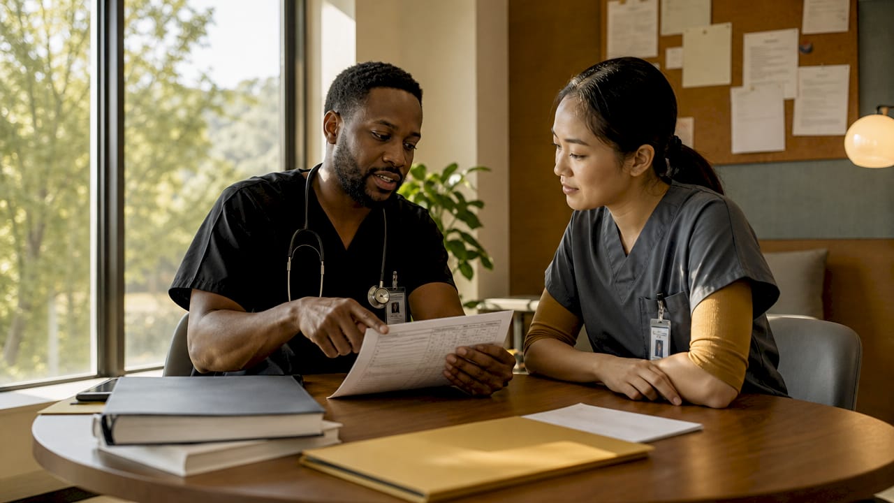 Healthcare professionals discussing patient review