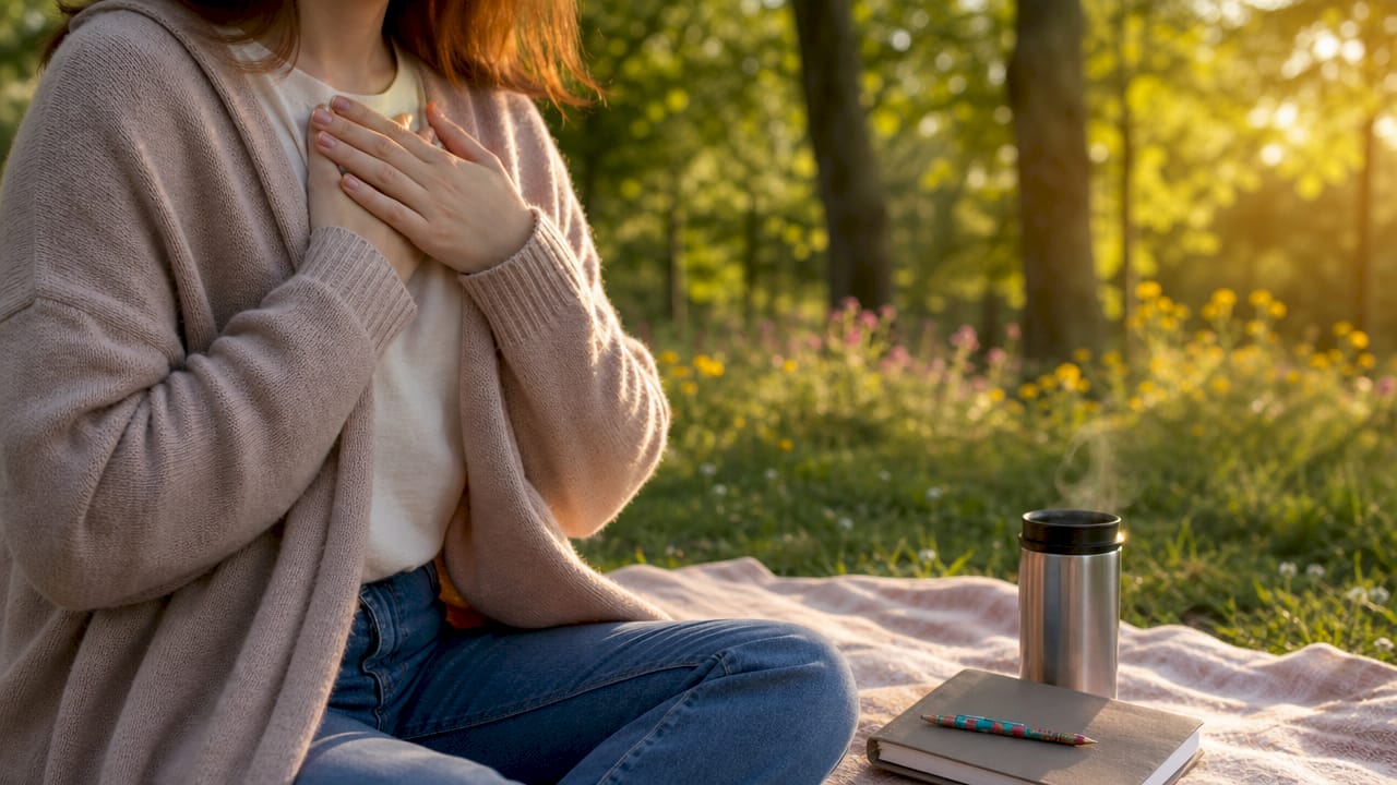 Close-up of hands on chest practicing self-compassion gesture