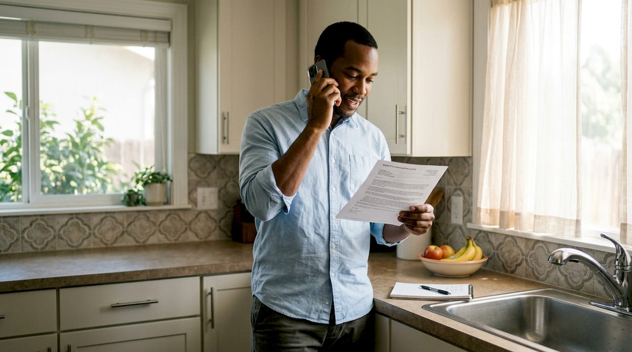 Father on phone verifying therapy insurance benefits