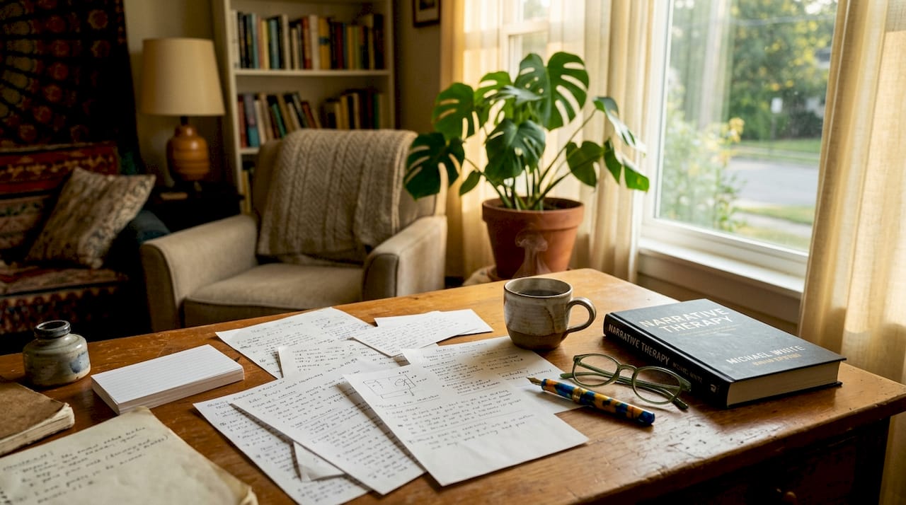 Close-up of notes and book on narrative therapy