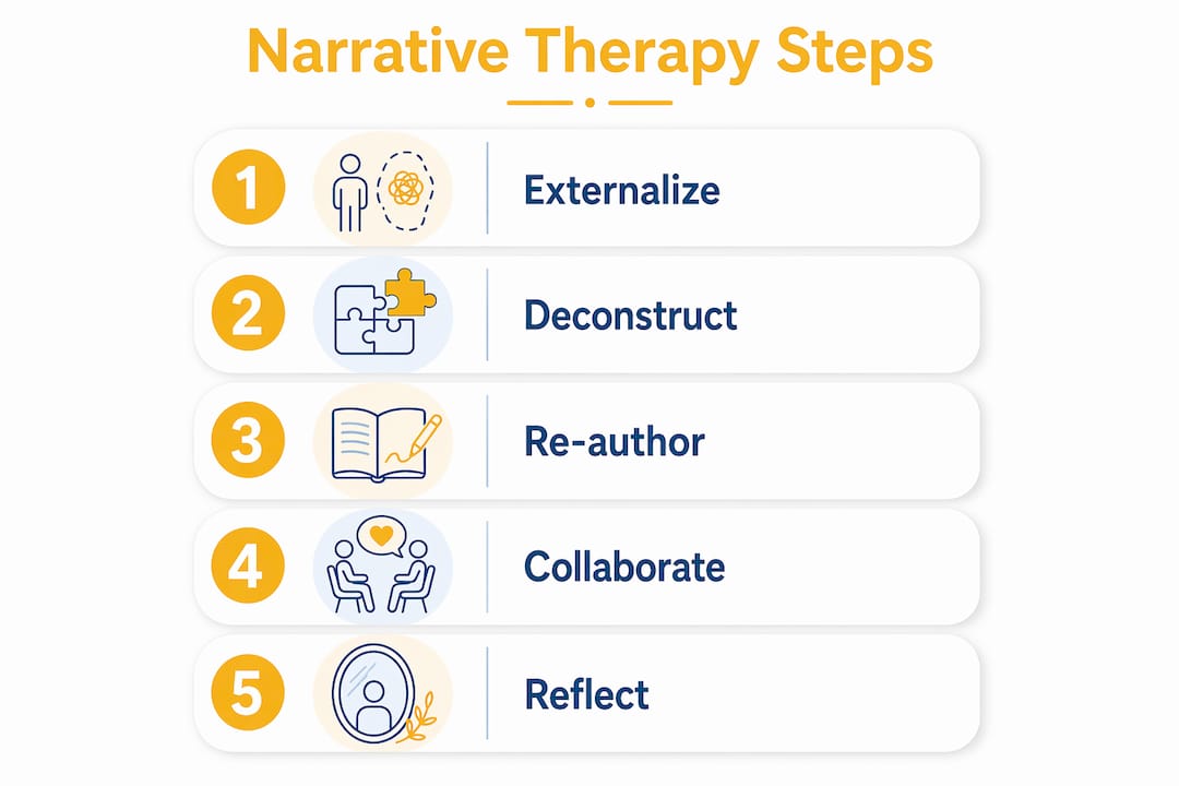 Infographic showing steps in narrative therapy process