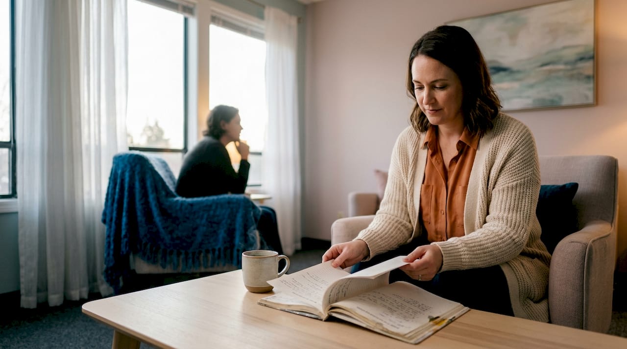 Therapist's hands holding grief workbook with tea nearby