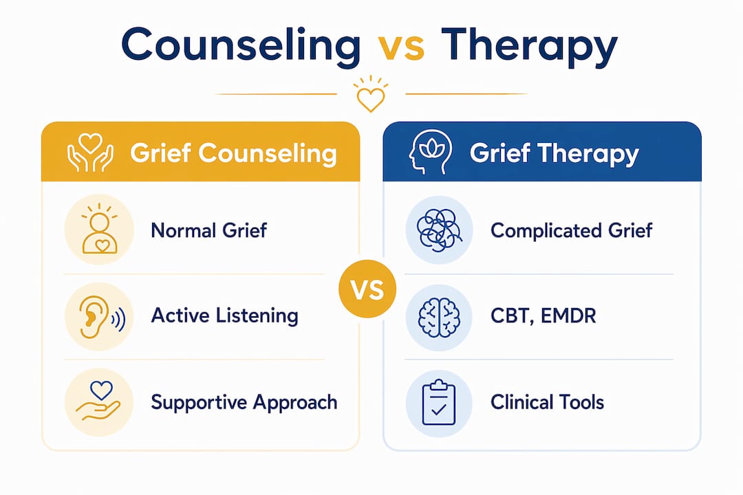 Infographic comparing grief counseling and grief therapy