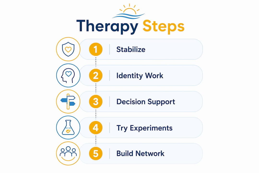 Infographic outlining therapy steps for career transitions