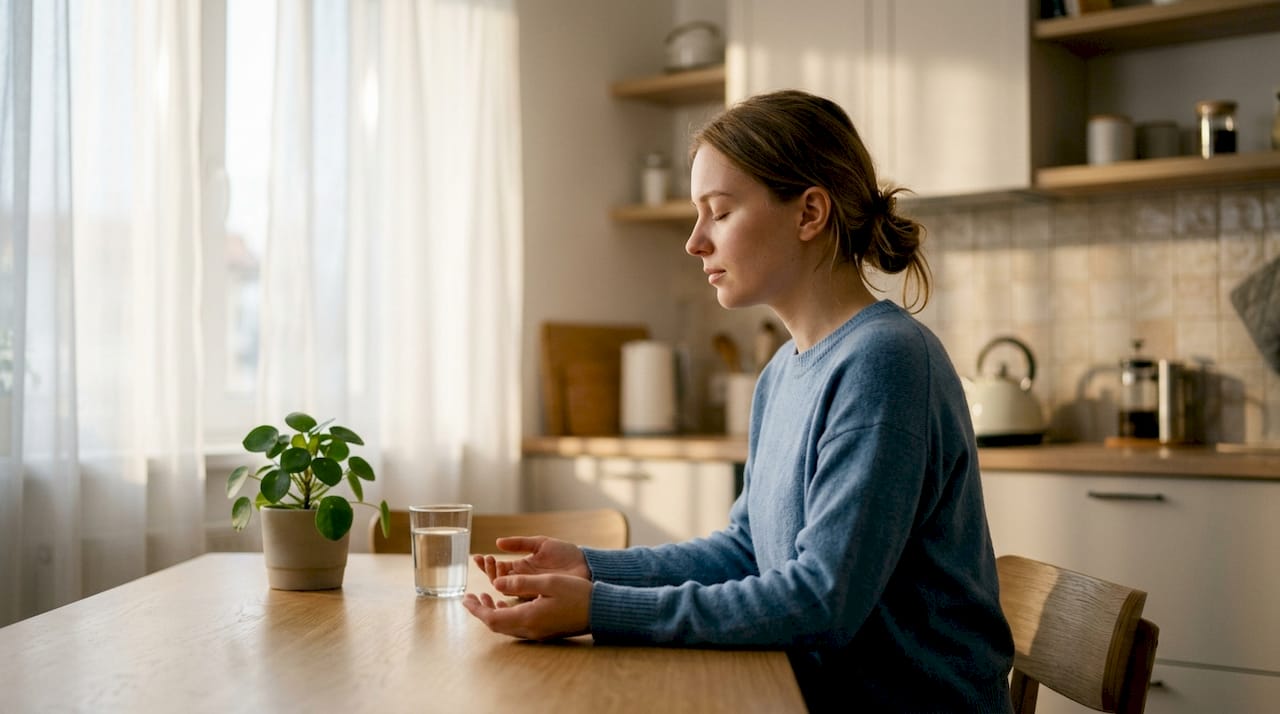 Woman practicing breathing exercise alone at desk