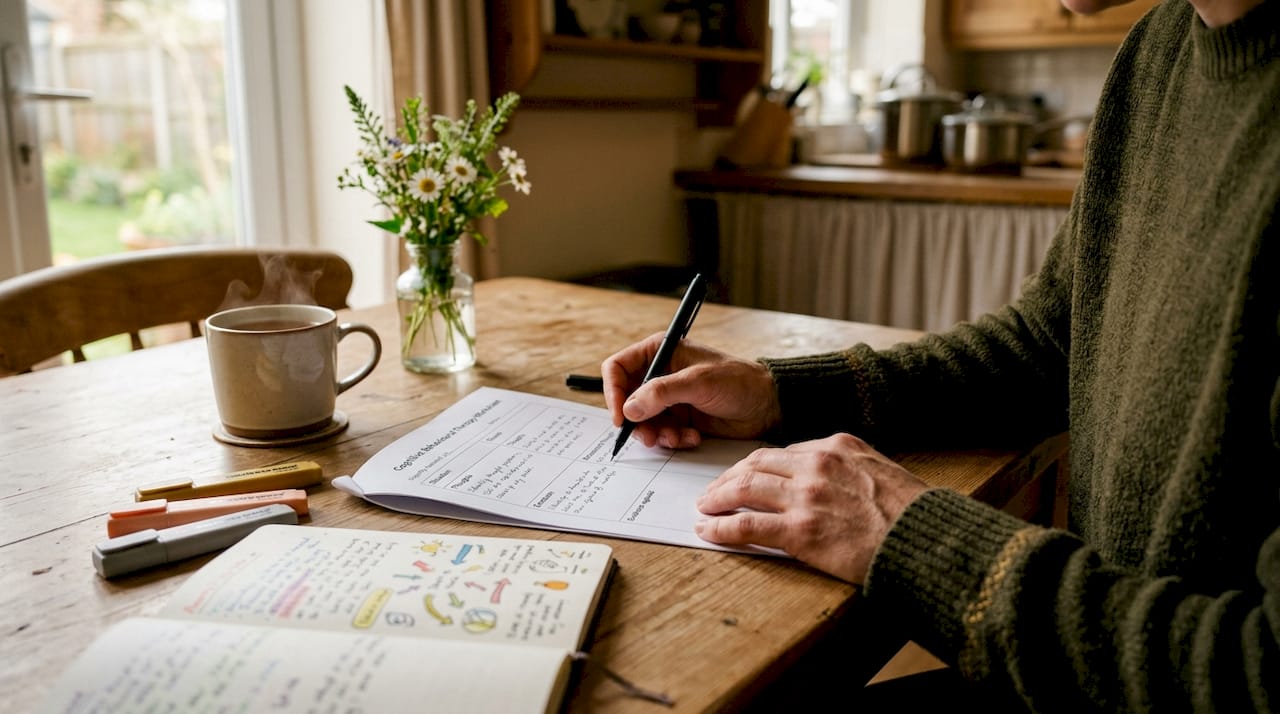 Close-up of hands writing CBT notes on notepad