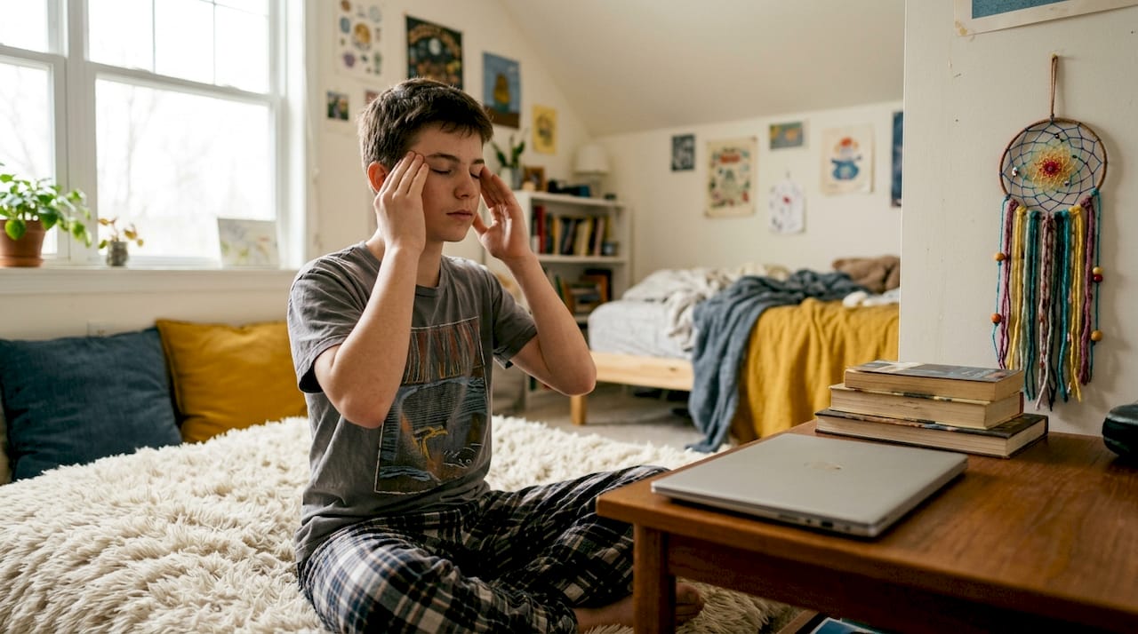 Teen boy doing mindfulness practice in bedroom