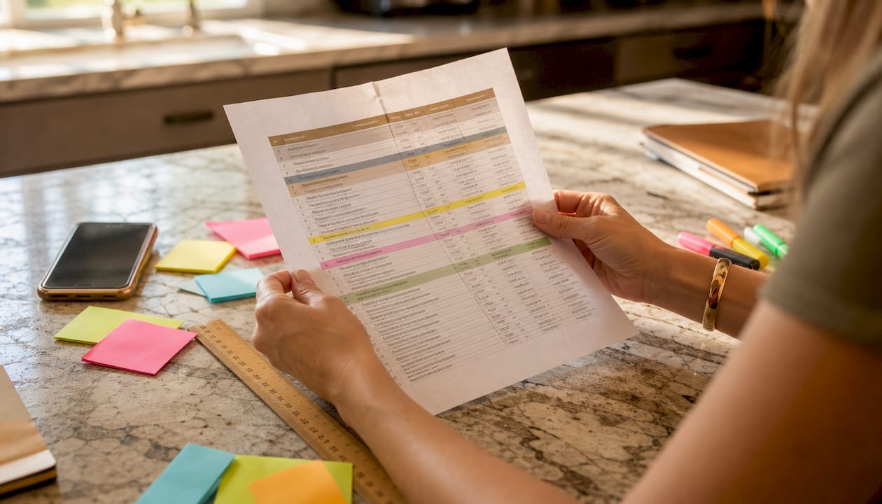 Close-up hands holding HRT billing codes sheet