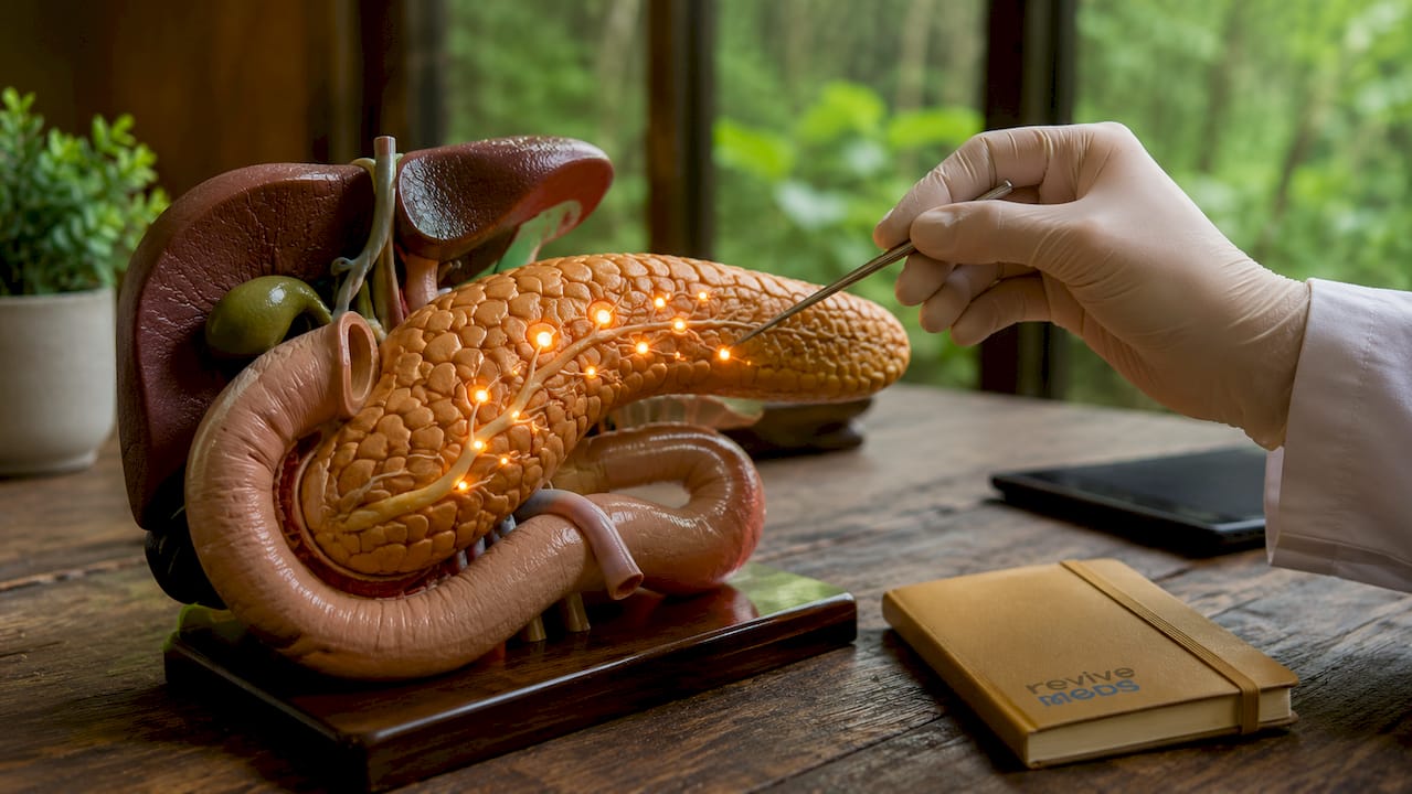 Anatomical model showing pancreas and GLP-1 receptors