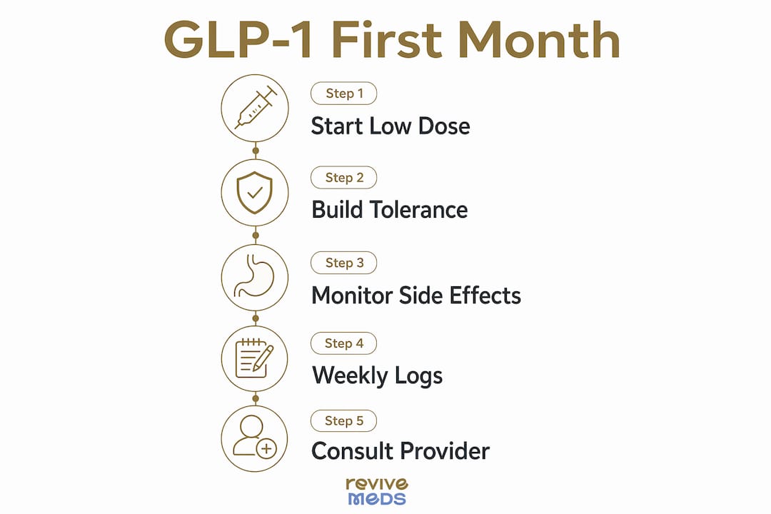 Infographic illustrating five steps of first month GLP-1 therapy