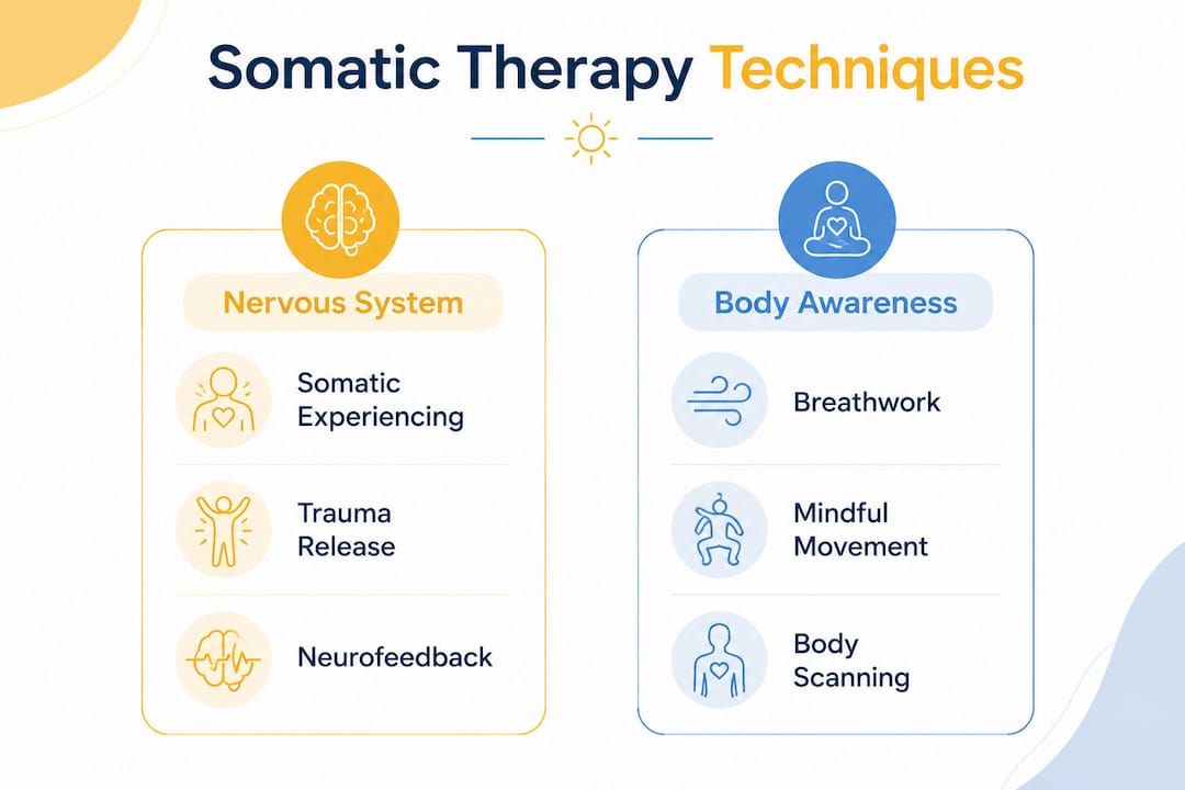 Infographic comparing somatic therapy techniques by focus