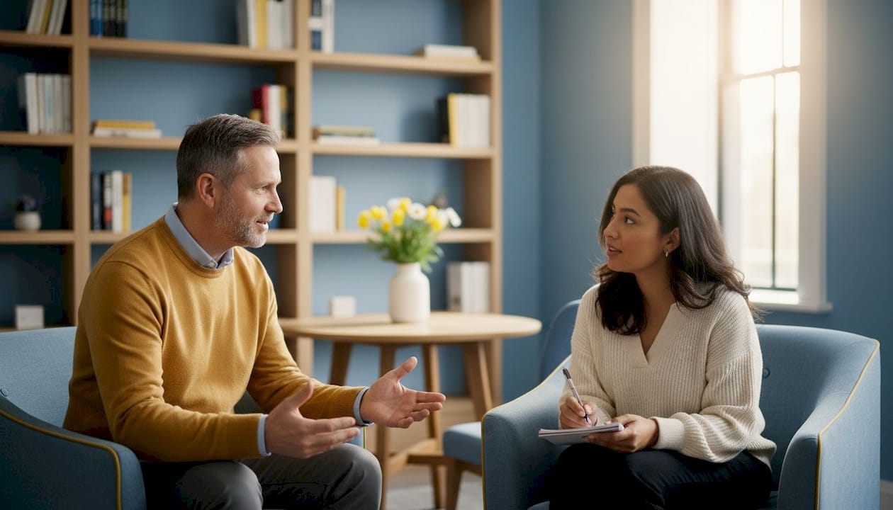 Therapist and client discussing insurance coverage in office