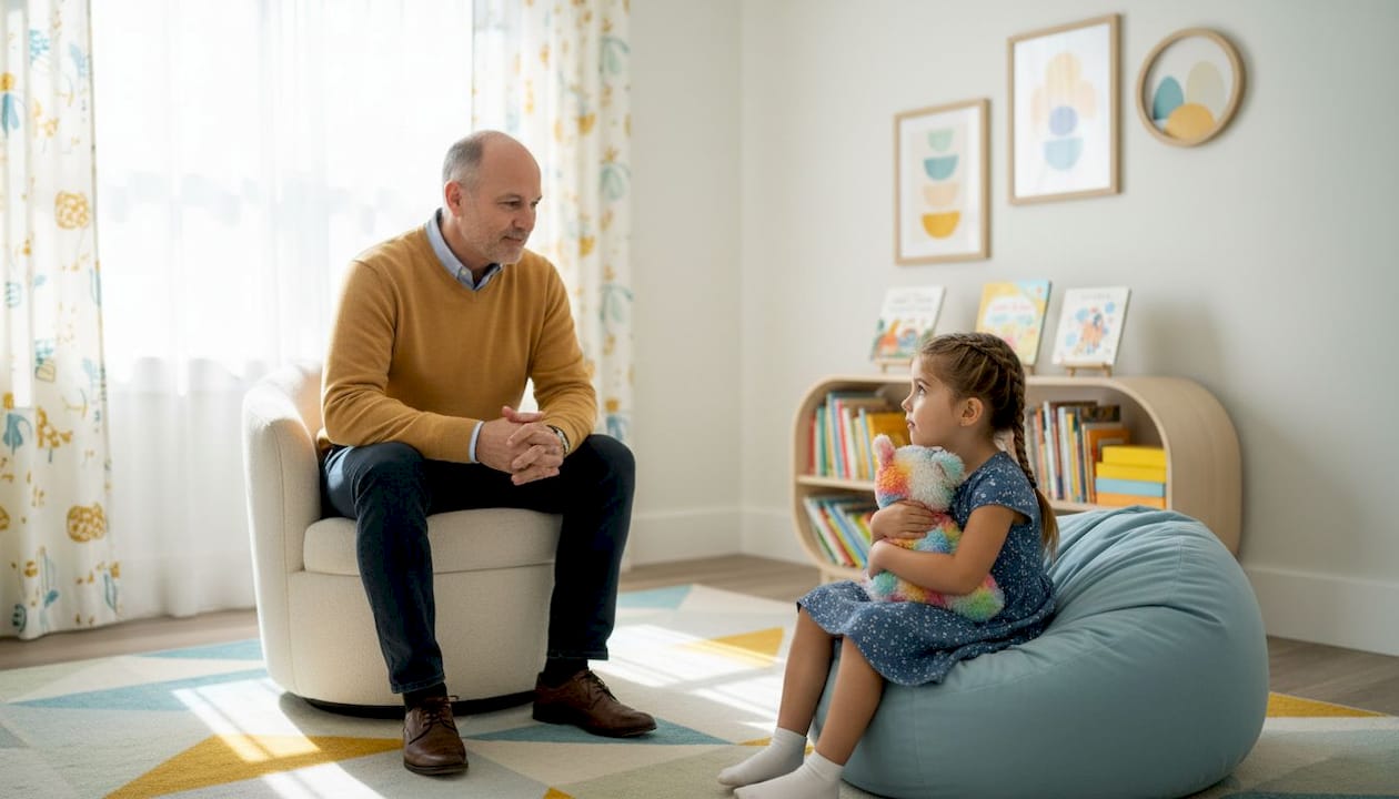 Child therapist showing empathy with young girl in therapy
