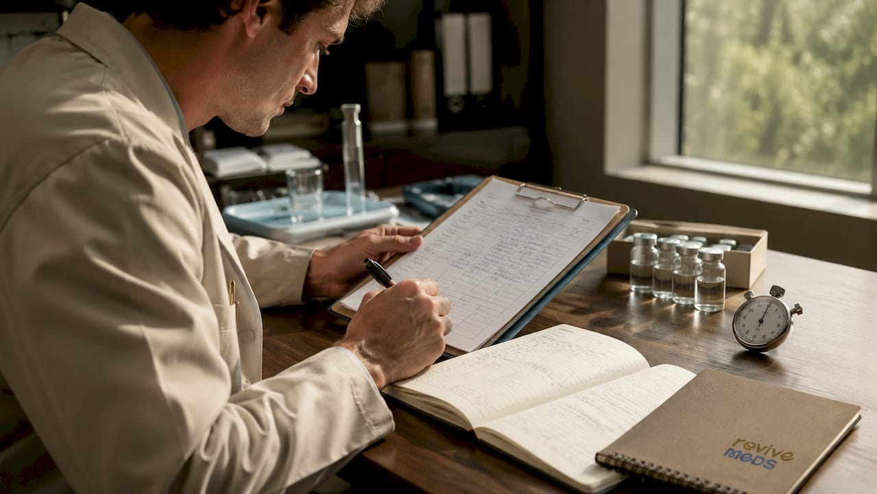 Overhead clinical researcher recording skincare study data
