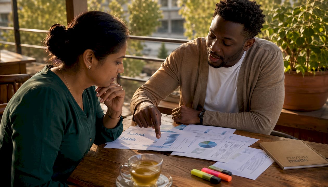 Researchers discussing clinical trial data