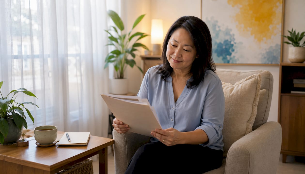Therapist reviewing client paperwork in office