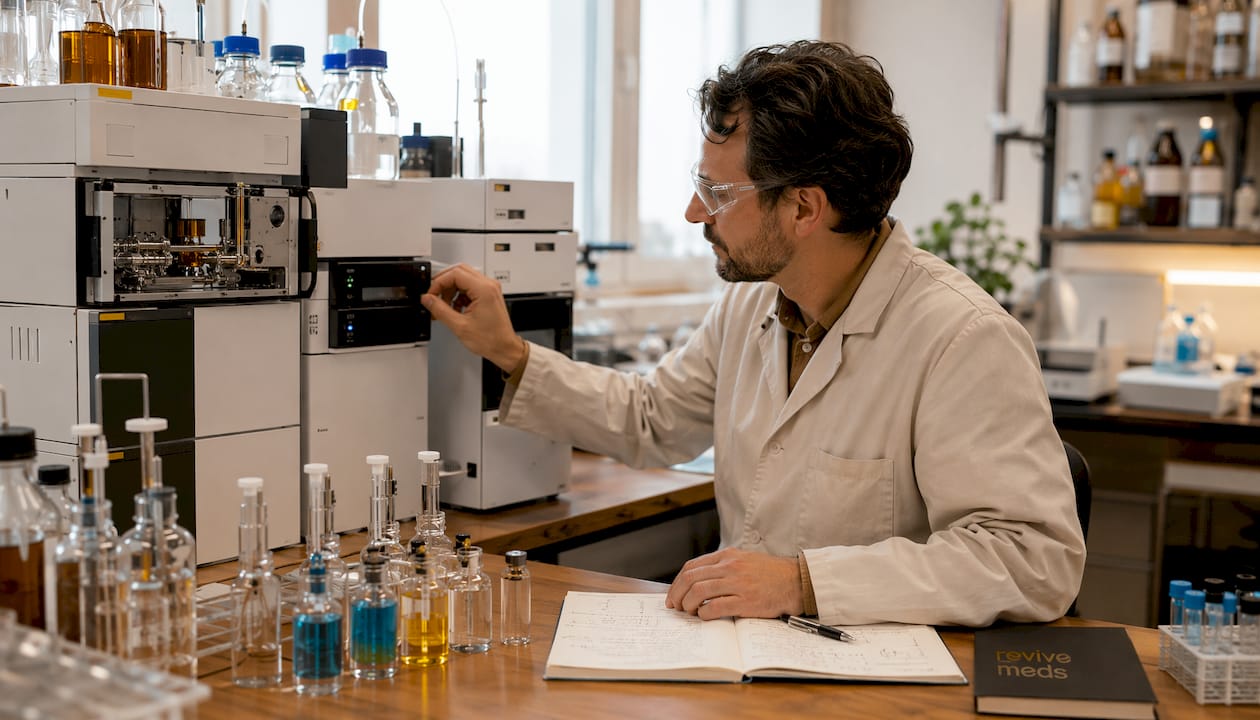 Close-up of HPLC machine operation hands