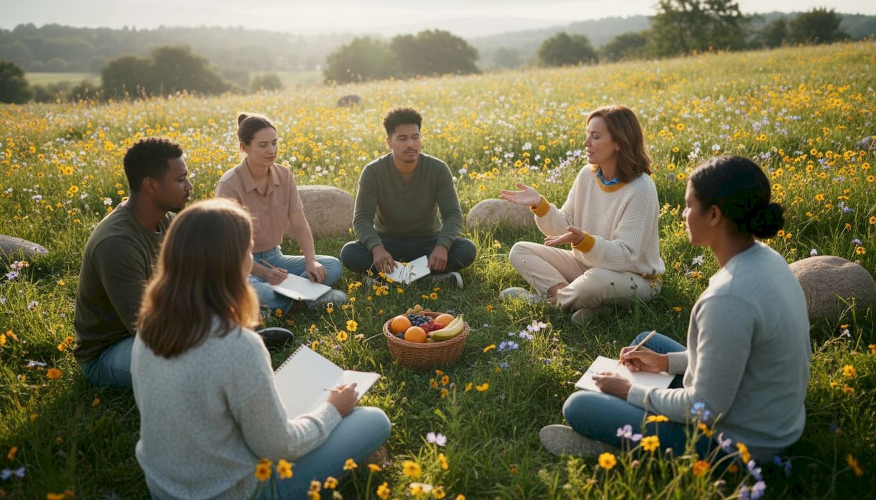 Group mindfulness ecotherapy in forest clearing