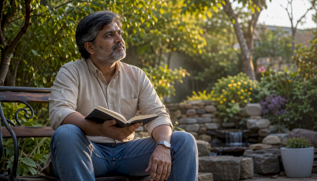 Middle-aged man contemplative in home office setting