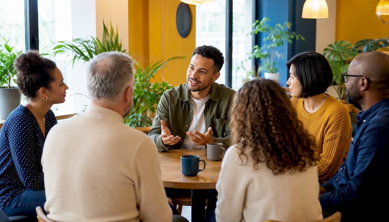 Diverse therapy group engaged in supportive discussion
