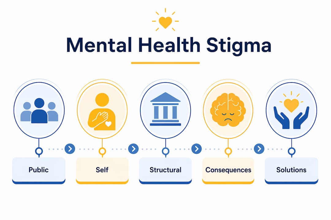 Infographic illustrating types and effects of mental health stigma