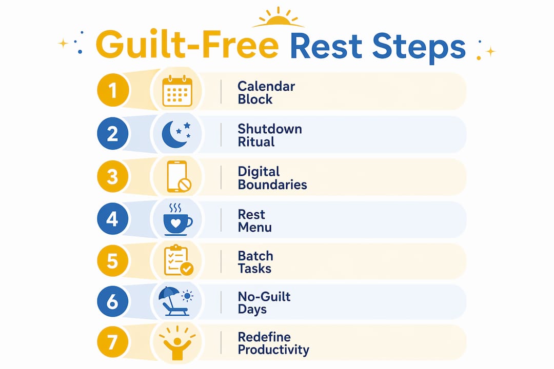 Infographic showing seven steps for guilt-free rest