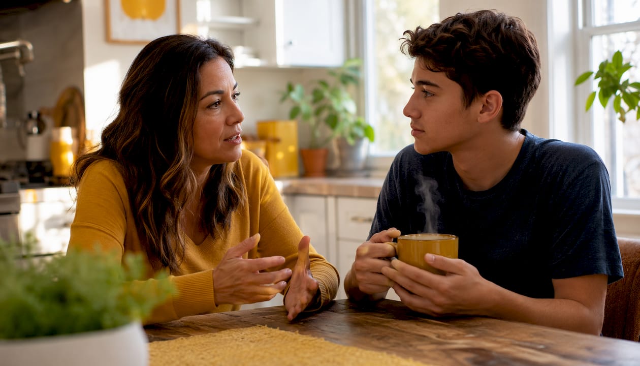 Mother coaching teen on stress management