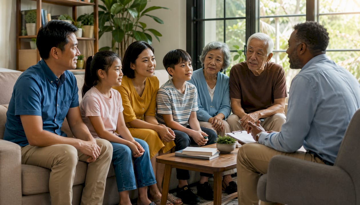 Multi-generational family group outdoor therapy session