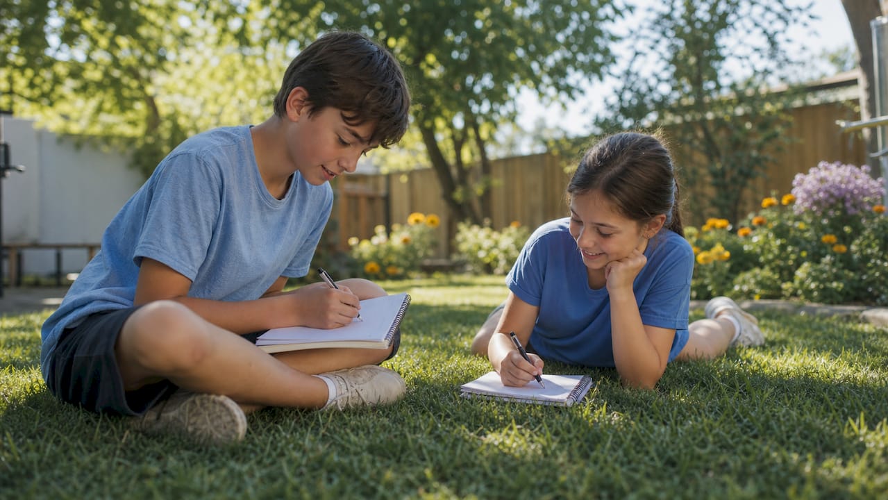 Siblings working on therapy assignment at kitchen table