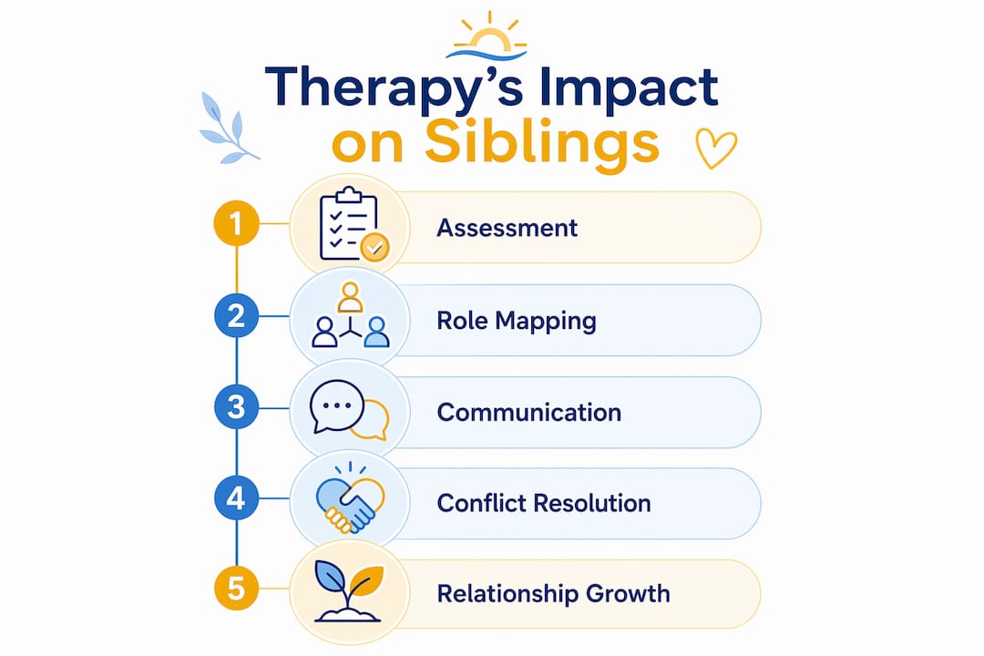 Infographic illustrating stages of sibling therapy benefits