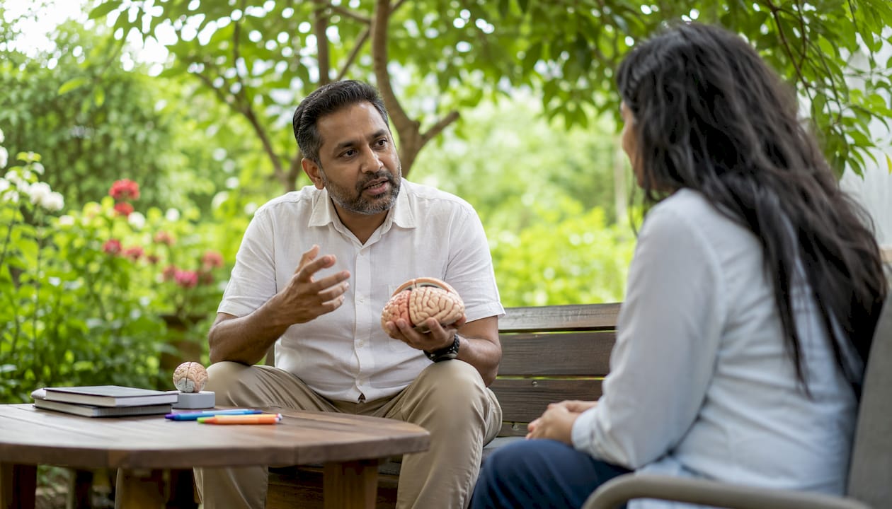 Therapist explaining mindfulness brain effects