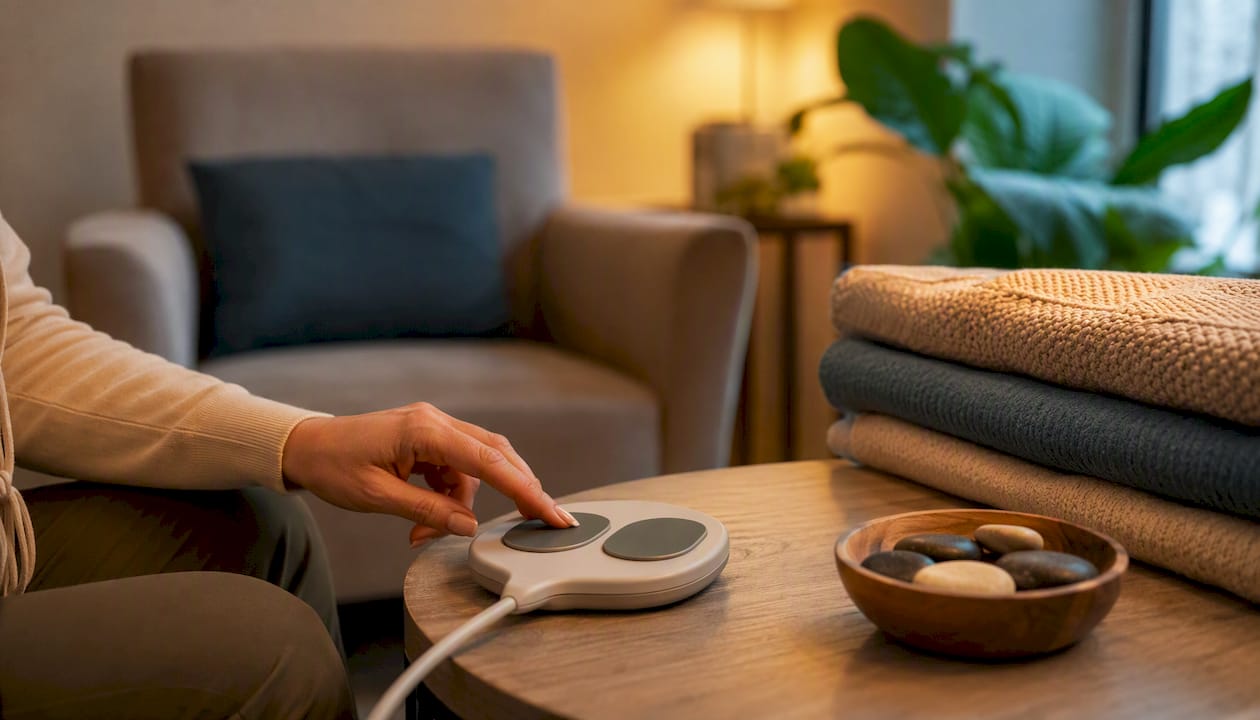Therapist's hand using EMDR bilateral stimulation device