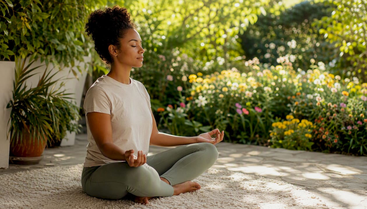 Person sitting cross-legged practicing grounding