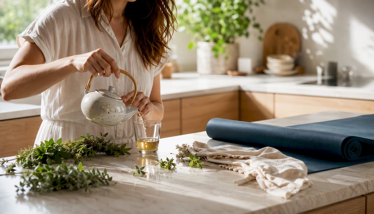 Pouring water with self-care items nearby